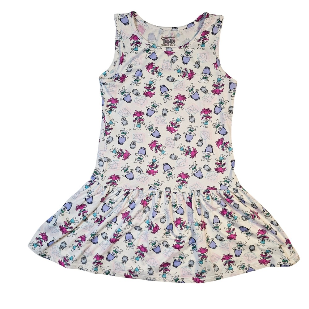 DreamWorks Trolls World Tour Girls Sleeveless Drop Waist Dress White Size M 7/8